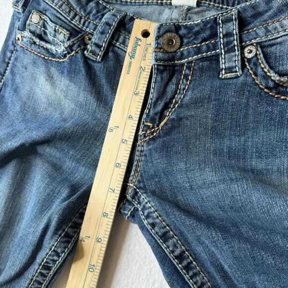 Silver Pioneer Bootcut Jeans Womens 29x31 Distressed Medium to Light Wash Stitch - Picture 5 of 9